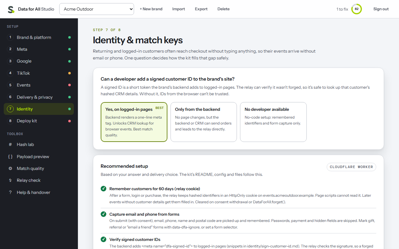 The Data for All Studio: a dark sidebar of eight setup steps, and the identity step asking whether a developer can add a signed customer ID, with a recommended setup below.